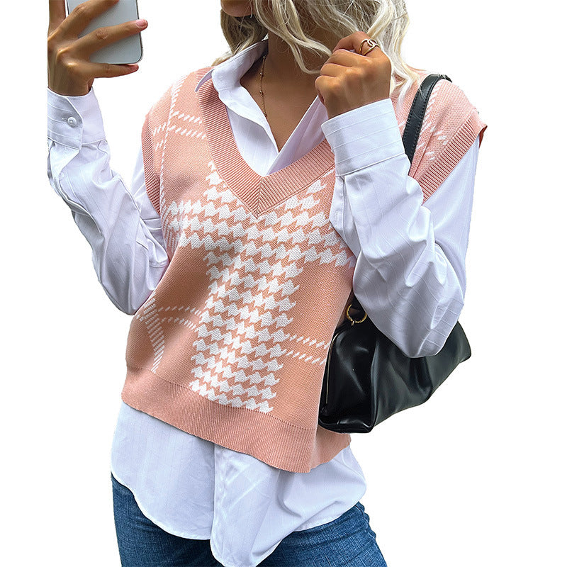 Damen Oversize-Strickweste mit V-Ausschnitt und Hahnentritt-Muster Shop Nory