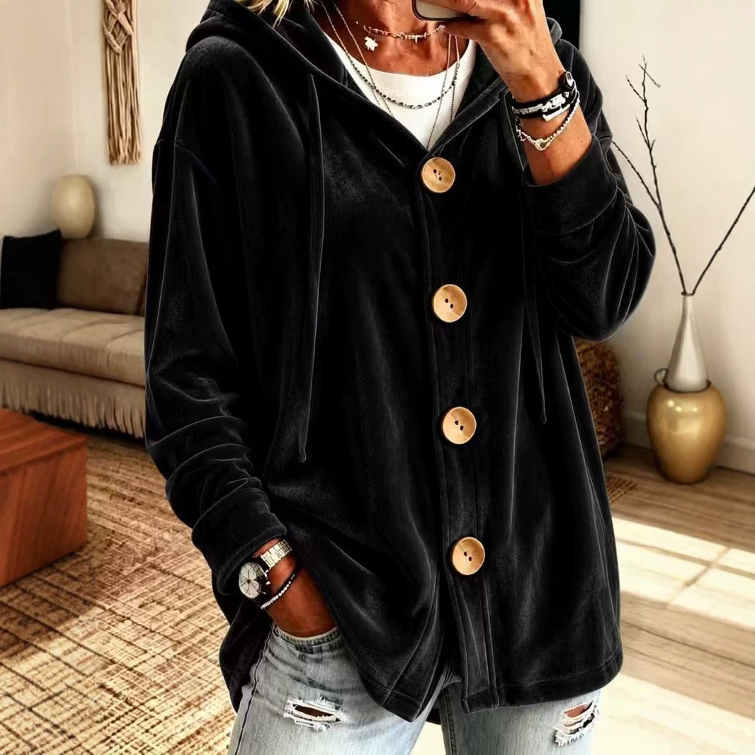 Damen Oversize Kapuzen-Samtjacke mit großen Holzknöpfen und weichem Veloursfutter Shop Nory