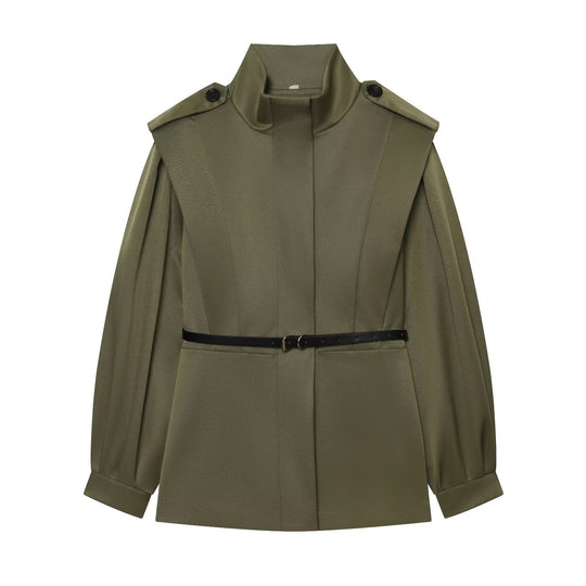 Damen Kurzer Cape‑Trench mit hohem Funnelkragen und Taillengürtel Shop Nory