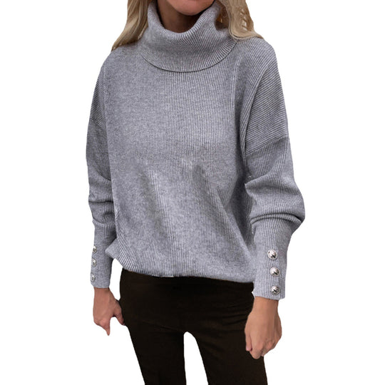 Damen Gerippter Rollkragenpullover mit Oversize-Schnitt und Zierknopfmanschetten Shop Nory