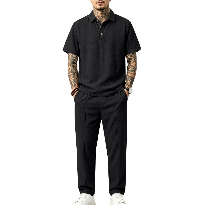 Herren Polo-Lounge-Set aus leichter Leinenmischung mit Kurzarm-Polo und gerader Bundfaltenhose Shop Nory