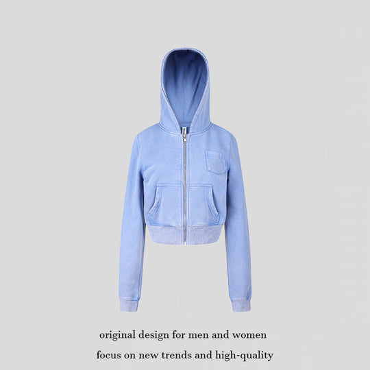 Damen Kurz geschnittene Kapuzen-Sweatjacke mit durchgehendem Reißverschluss im Boxy-Schnitt und Brusttasche Shop Nory