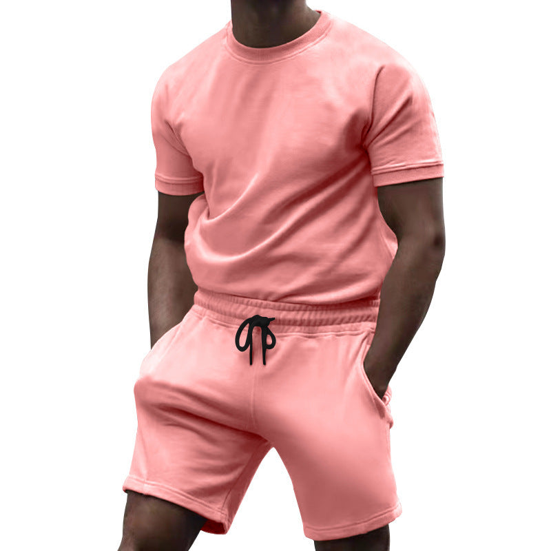 Herren nan kurzärmeliges Sweat-Set aus weichem Sweatstoff mit Rundhalsshirt und Kordelzug-Shorts