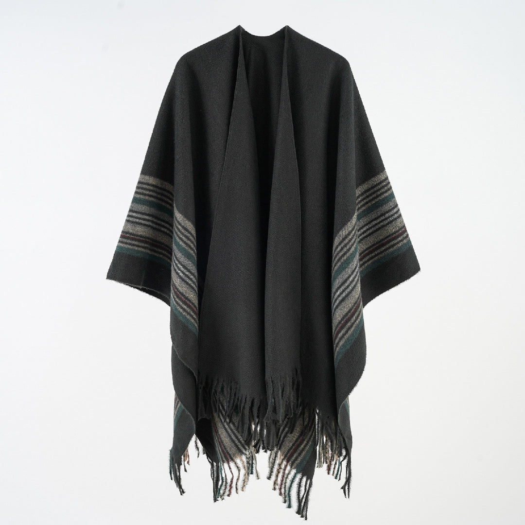 Damen Weichfallender Umlegeponcho mit gestreifter Bordüre und Fransensaum Shop Nory