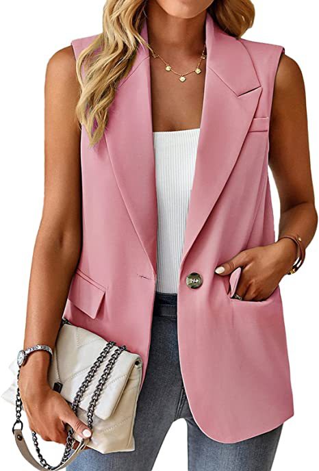 Damen Ärmellose Longline-Blazerweste mit Reverskragen, Single-Button und Pattentaschen Shop Nory