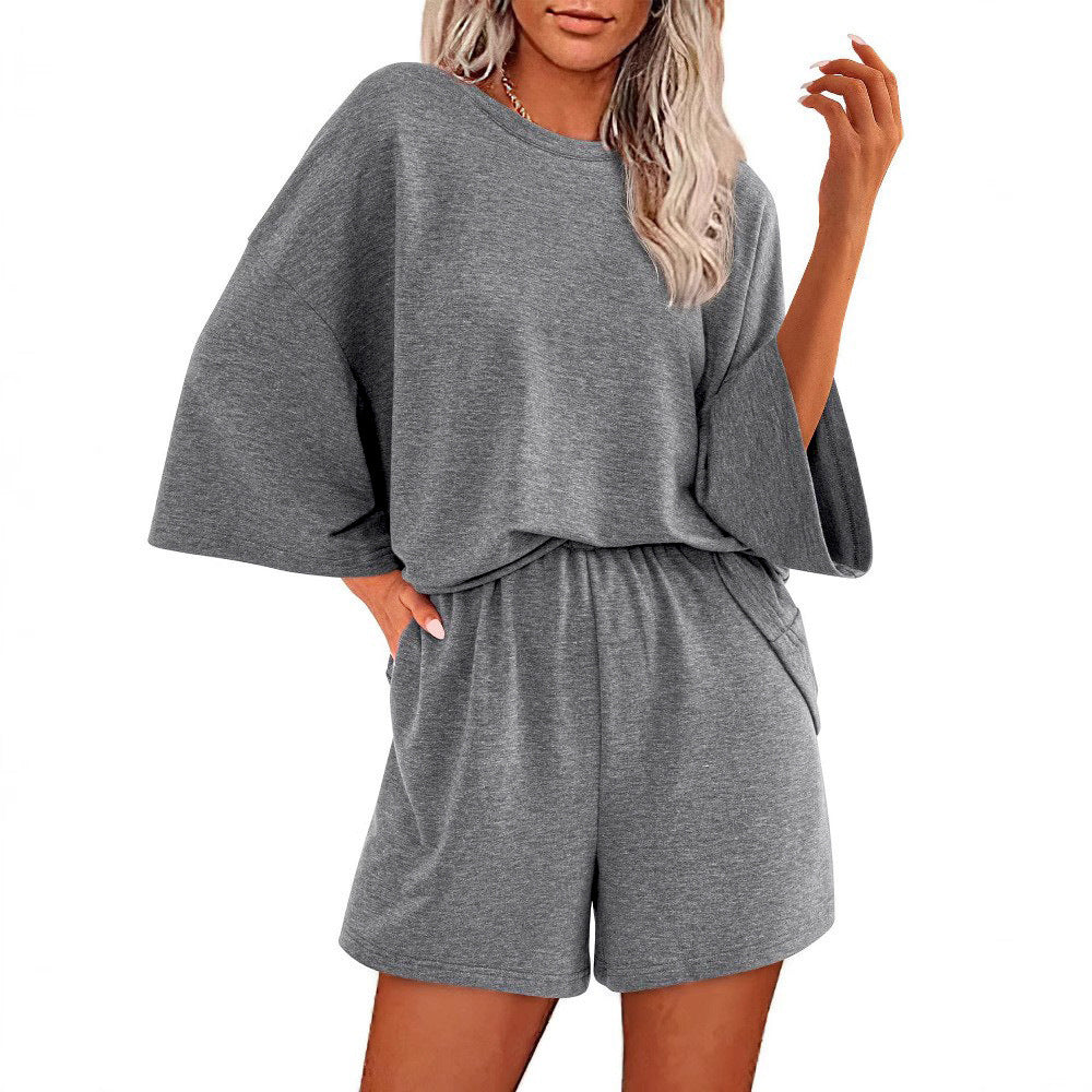 Damen Oversized Fledermaus Kurzarm Lounge Oberteil und Shorts Set mit Elastischem Bund Shop Nory