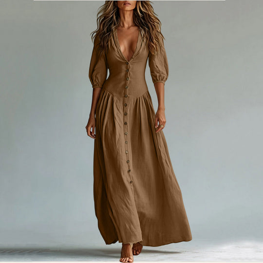 Damen Maxikleid mit tiefem V-Ausschnitt, durchgehender Knopfleiste und Ballonärmeln Shop Nory