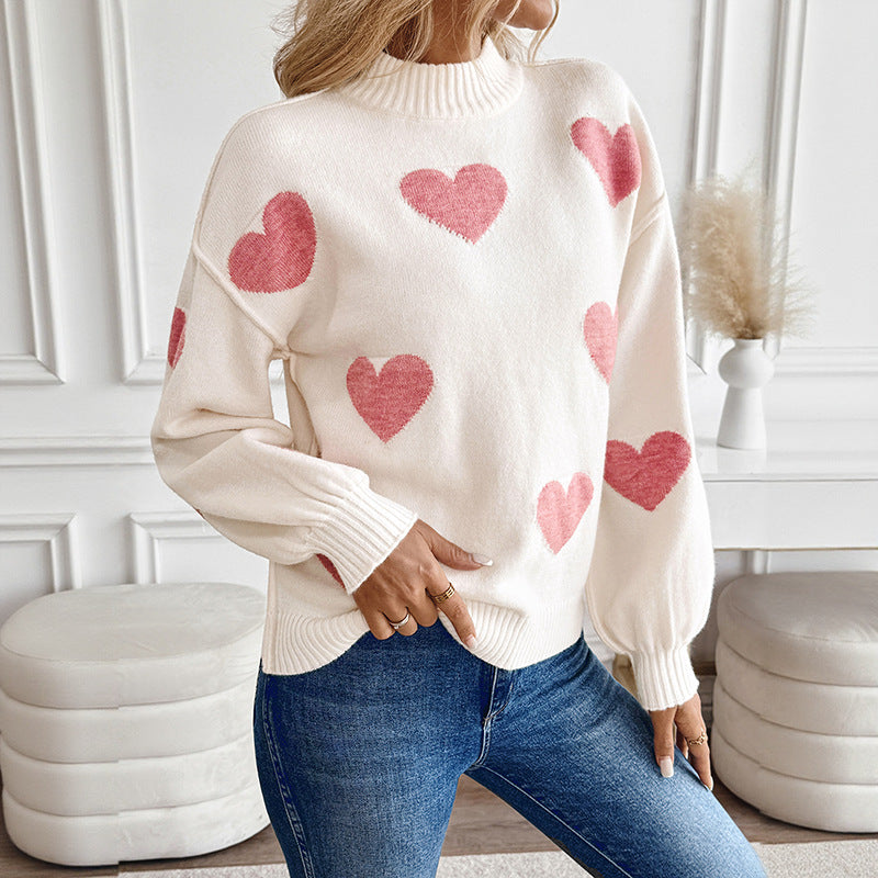 Damen Kuscheliger Strickpullover mit Herzjacquard und Stehkragen Shop Nory