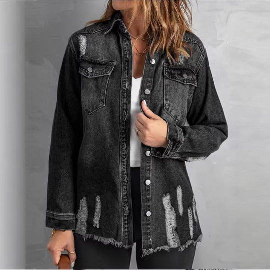 Damen Oversize-Denim-Hemdjacke mit Distressed‑Details und fransigem Saum Shop Nory