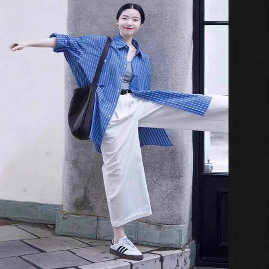 Damen Oversize-Streifenhemd mit verlängertem Saum und kastiger Passform Shop Nory