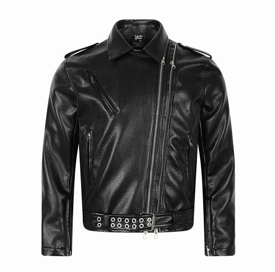 Herren Asymmetrische Bikerjacke aus Kunstleder mit Nietenbund und mehrfachen Reißverschlüssen Shop Nory