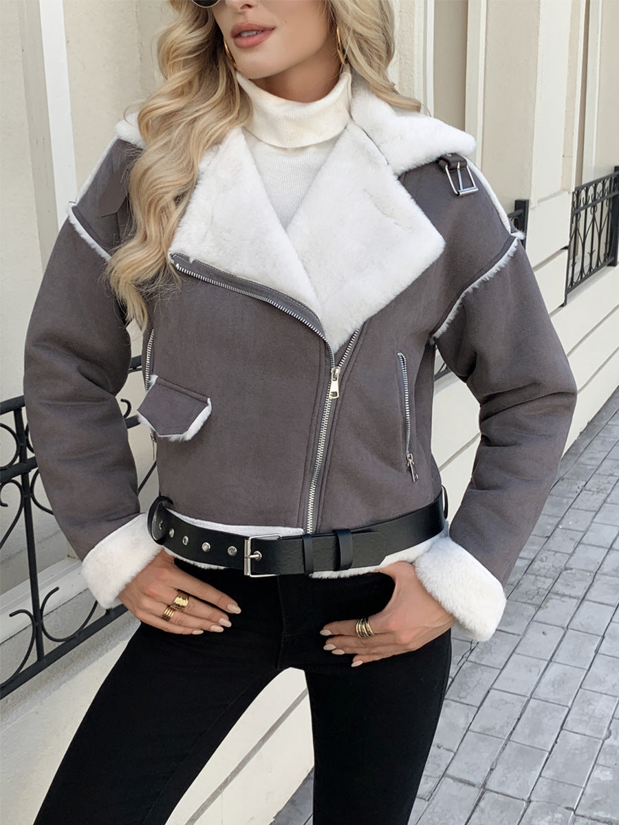 Damen Modische Kunstlederjacke mit luxuriösem Kunstfellbesatz