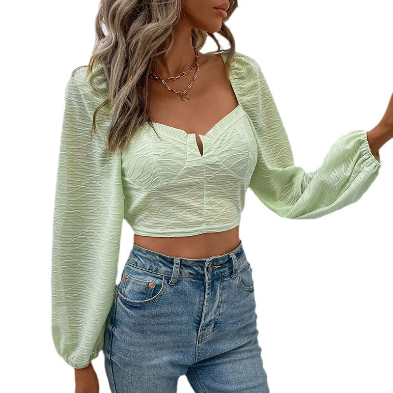 Damen Kurzes Bustier-Cropped-Top mit herzförmigem Ausschnitt, Puffärmeln und strukturierter Chiffonoptik Shop Nory