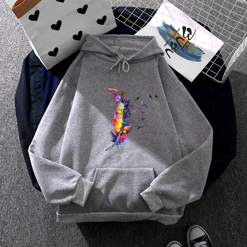 Damen nan Kapuzenpullover mit künstlerischem Aquarell‑Federmotiv, Oversize‑Schnitt und Kängurutasche Shop Nory