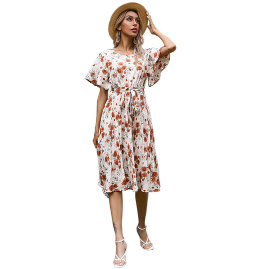 Damen Florales Midikleid mit Bindegürtel, Flatterärmeln und A-Linien-Schnitt Shop Nory