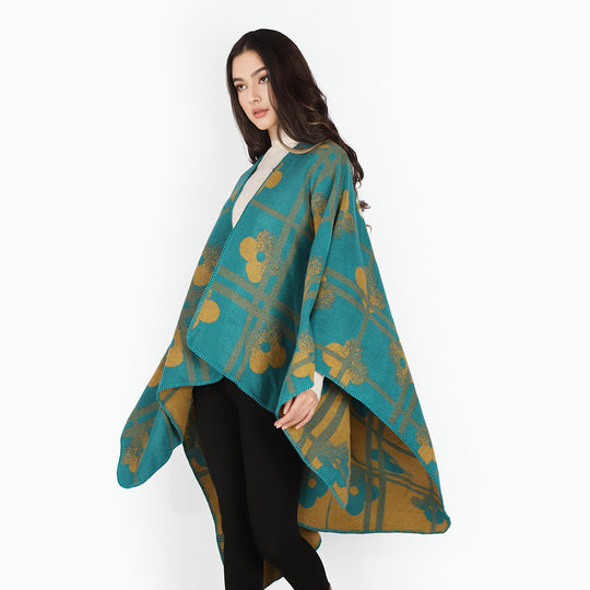 Damen Grobgewebter Deckenponcho im Ruana‑Schnitt mit floraler Karo‑Jacquard Shop Nory