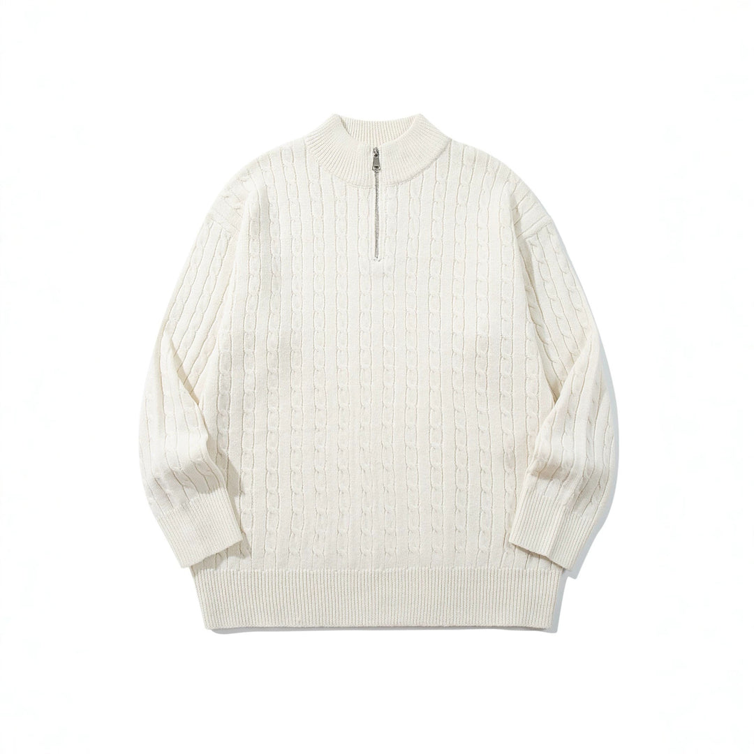 Unisex Zopfmuster-Halbzip-Strickpullover mit hohem Rippkragen und längerem Saum Shop Nory