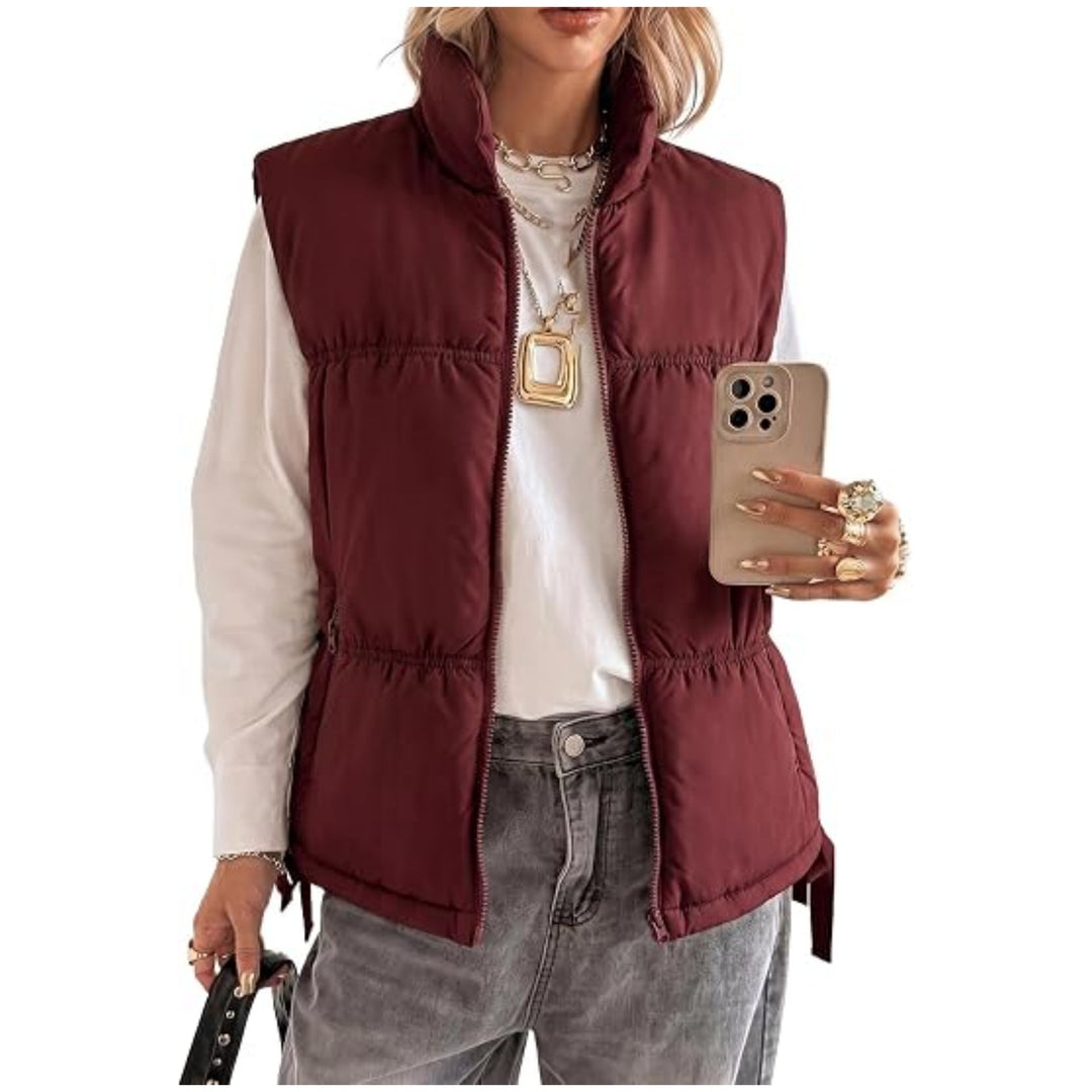 Damen Wattierte Ärmellose Weste mit Stehkragen und Kordelzug Shop Nory