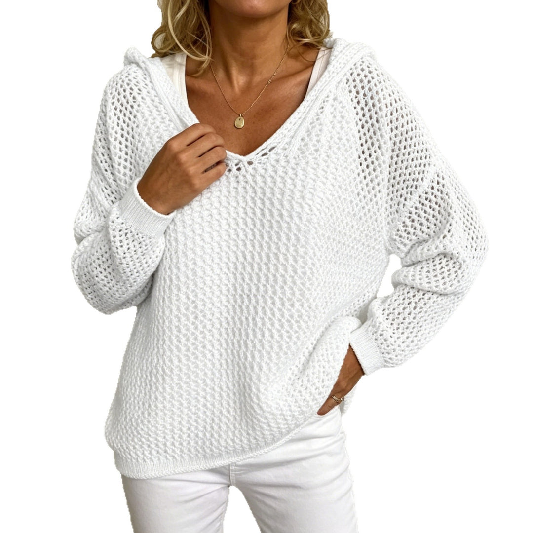 Damen Grobgestrickter V-Ausschnitt-Pullover mit Kapuze und Lochmuster Shop Nory