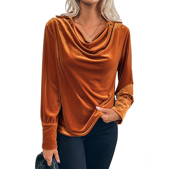Damen Samtbluse mit Wasserfallkragen und Ballonärmeln Shop Nory