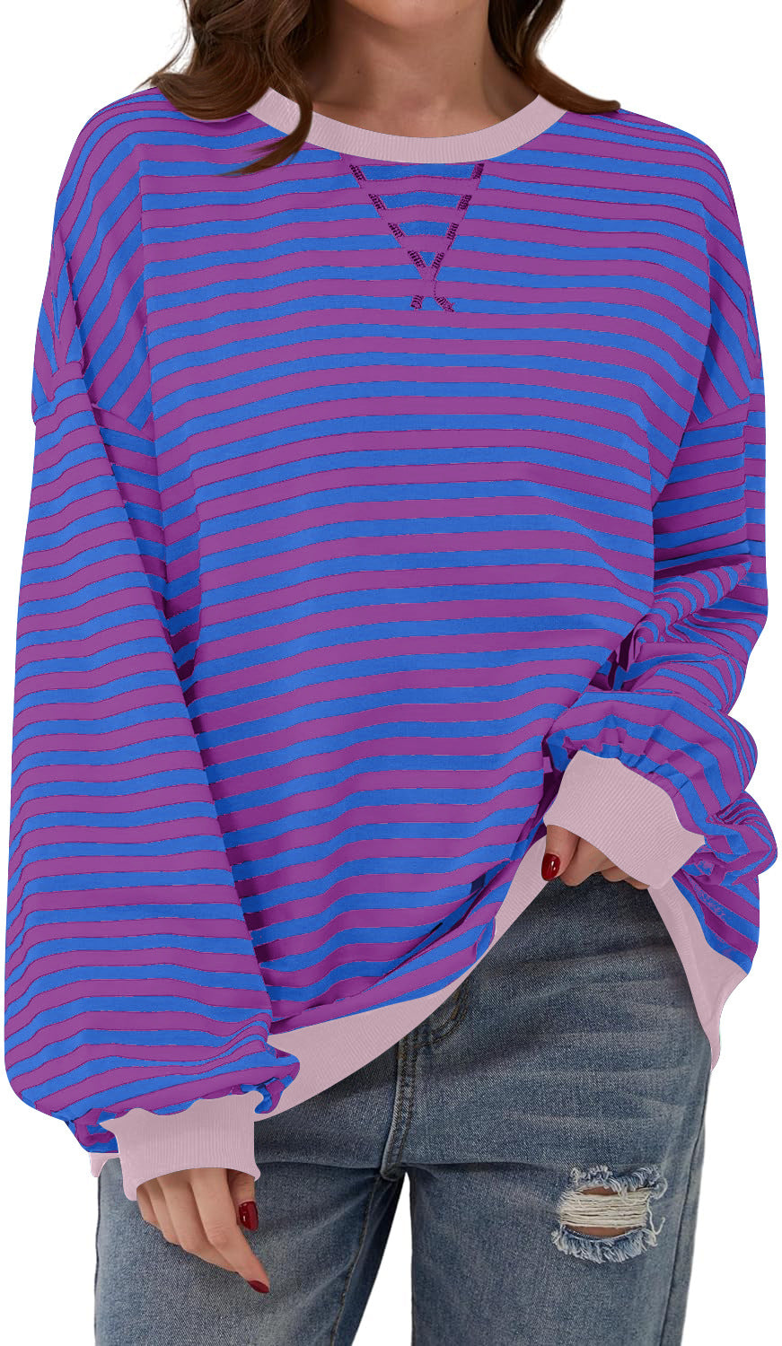 Damen Lässiger Sweatshirt mit bunten Streifen und weitem Schnitt