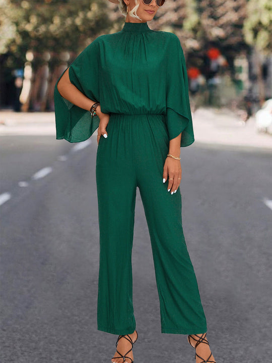 Damen Eleganter Jumpsuit mit fließendem Cape-Design und hochgeschlossenem Ausschnitt