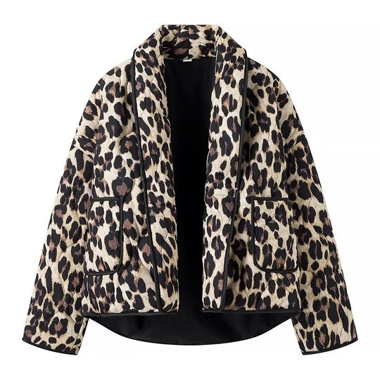 Damen Gefütterte Kurzjacke im Leopardenmuster mit Schalkragen und Paspelierung Shop Nory