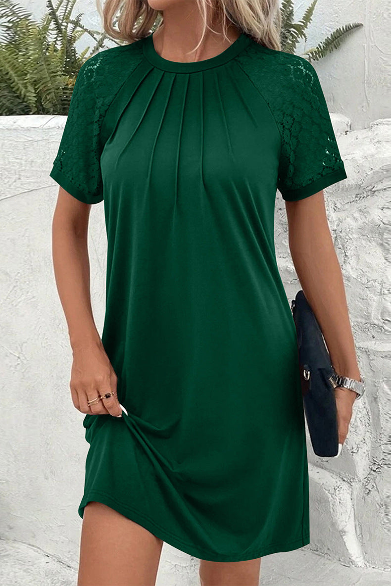 Damen Kurzärmeliges Freizeitkleid mit Faltenoberteil und Spitzeneinsätzen Shop Nory