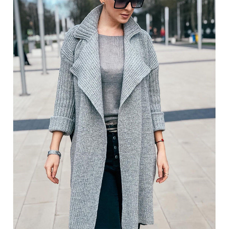 Damen Langer Offener Strickmantel mit Schalkragen und Umschlagärmeln Shop Nory