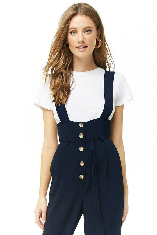 Damen High-Waist Latzhose-Jumpsuit mit Knopfleiste und breiten Trägern Shop Nory