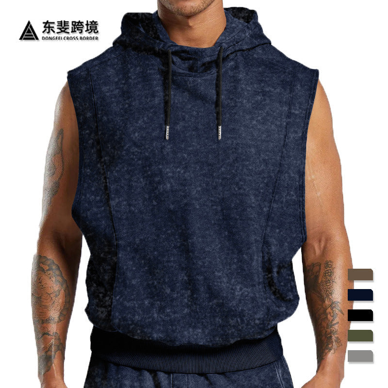 Herren nan ärmelloser Kapuzenpullover in Steinwasch-Optik mit tiefem Armausschnitt und geripptem Bund Shopnory