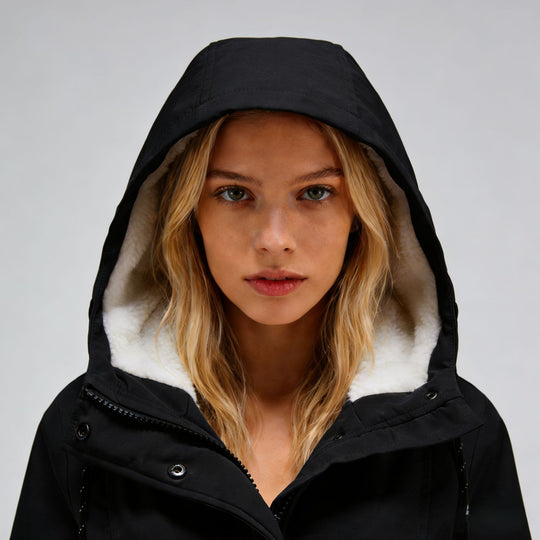 Damen Wasserabweisender Parka mit Teddyfutter, Kapuze und Taillierter Passform Shop Nory