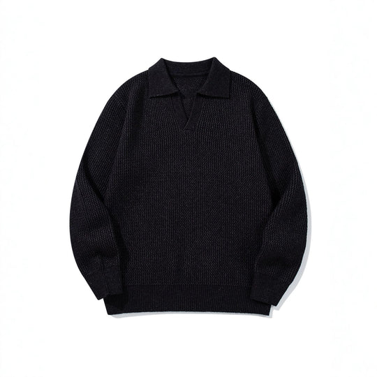Herren Grobgestrickter Polokragen-Pullover mit V‑Ausschnitt und Rippenbündchen Shop Nory