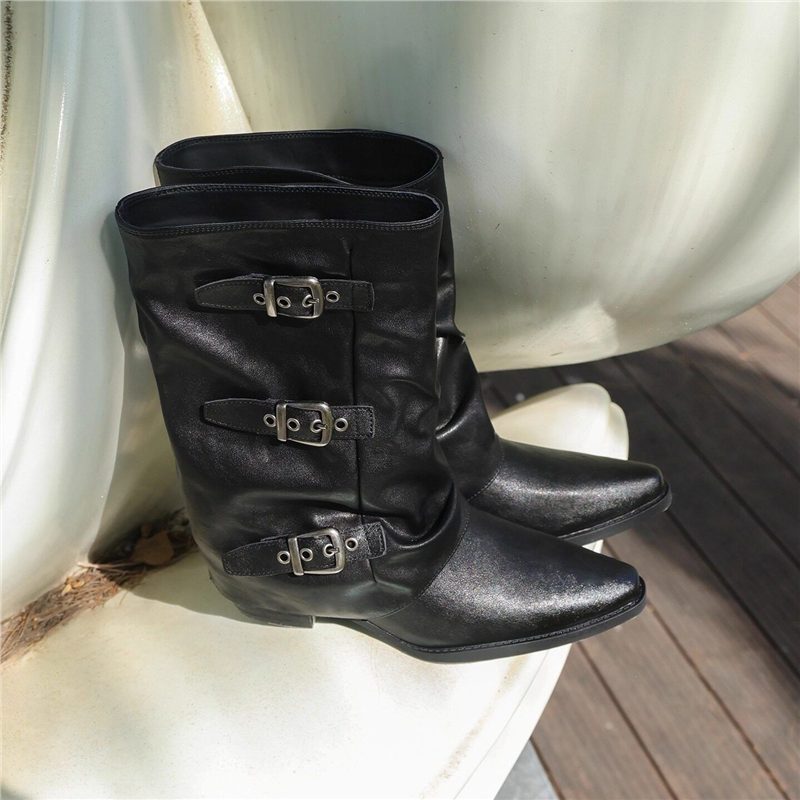 Damen Mid-Calf Stiefel mit spitzer Zehenpartie, dreifachen Zierschnallen und leichtem Blockabsatz Shop Nory