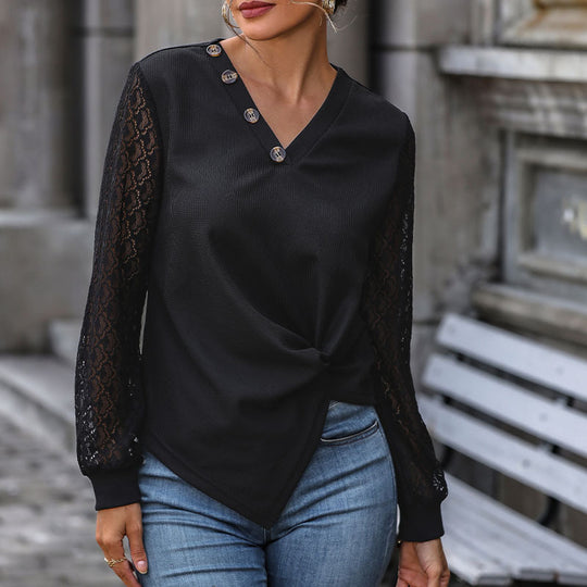 Damen V-Ausschnitt Blusenshirt mit Spitzenärmeln, asymmetrischer Knopfleiste und Knotenfront Shop Nory