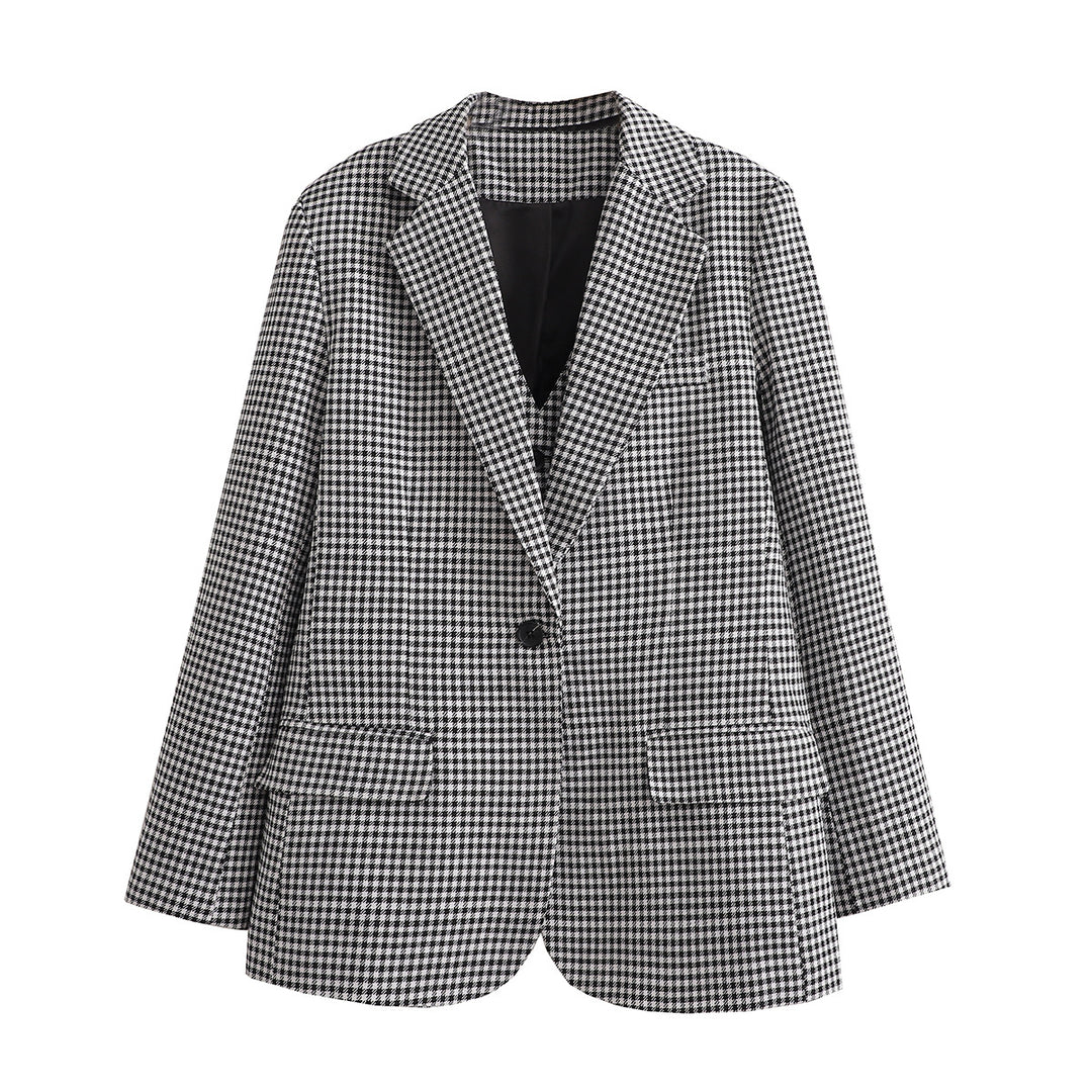Damen Oversize Hahnentritt Blazer mit Ein-Knopf-Verschluss und Pattentaschen Shop Nory