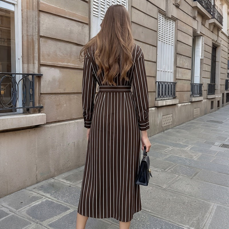 Damen Hemdblusenkleid mit Taillengürtel und vertikalem Nadelstreifen Shop Nory
