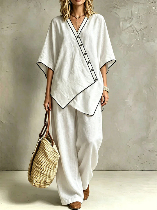 Damen Asymmetrisches Tunika-Loungewear-Set mit diagonaler Knopfleiste und weiter Palazzohose Shop Nory