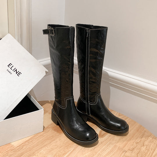 Damen kniehohe Lederstiefel mit Zierriegel, kontrastierender Naht und niedrigem Blockabsatz Shop Nory