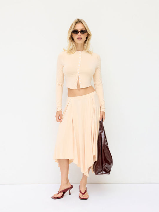 Damen Cropped-Cardigan mit Perlmuttknöpfen und asymmetrischem Zipfel-Midirock Shop Nory