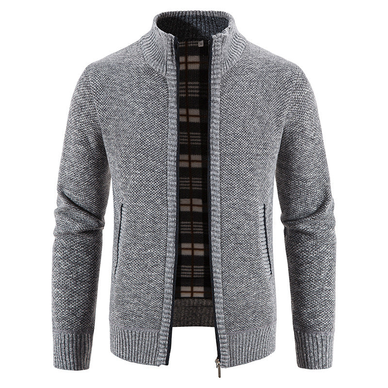 Herren Strickjacke mit durchgehendem Reißverschluss, Stehkragen und kariertem Futter Shop Nory
