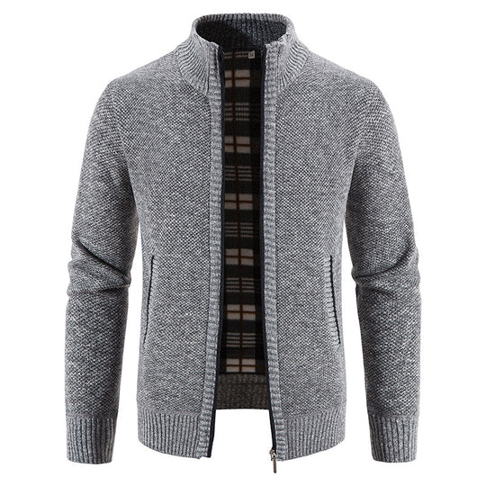 Herren Strickjacke mit durchgehendem Reißverschluss, Stehkragen und kariertem Futter Shop Nory