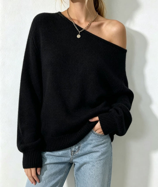 Damen Oversize Off-Shoulder Feinstrickpullover mit gerippten Bündchen Shop Nory
