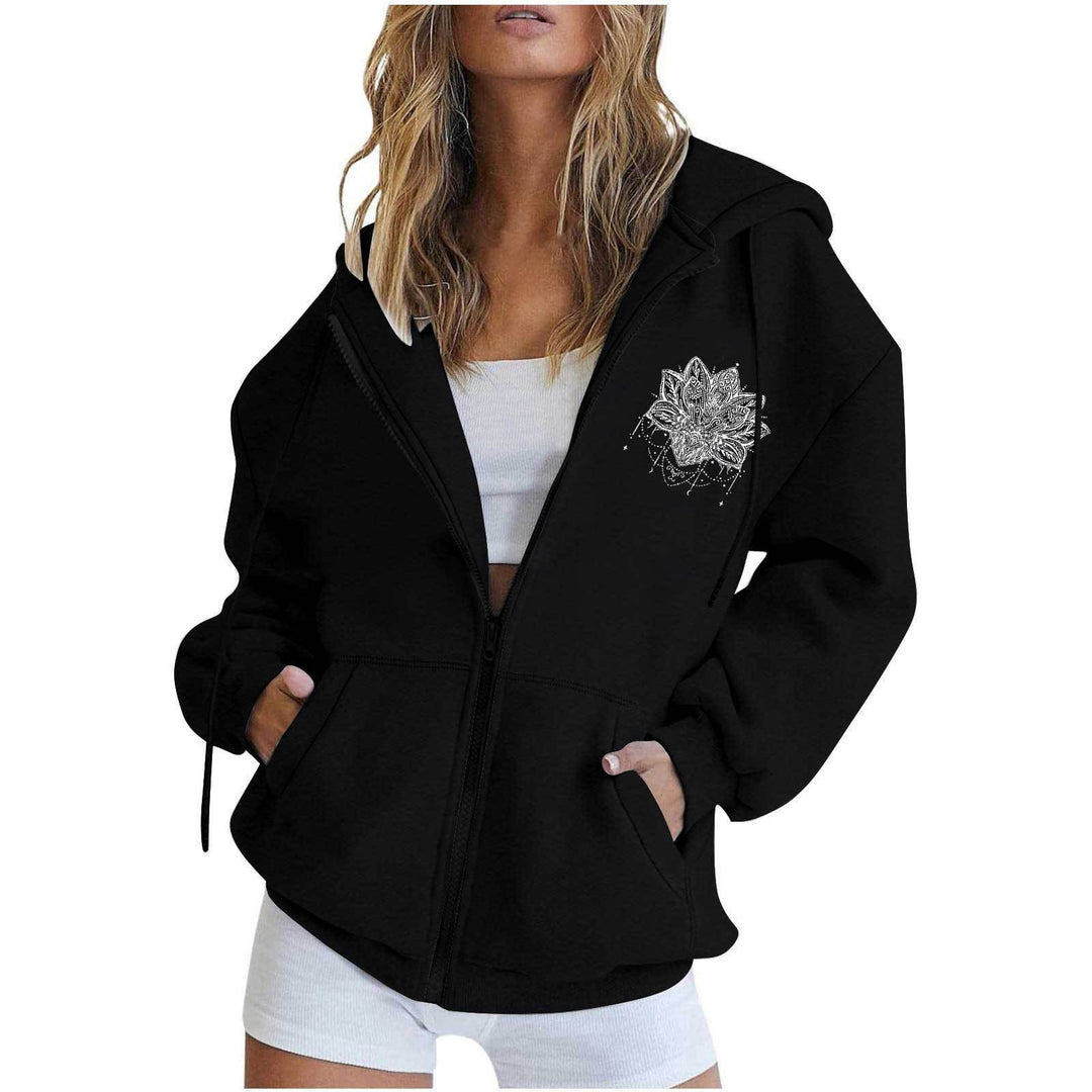 Damen nan oversized Kapuzenjacke mit Frontreißverschluss, Kängurutaschen und stilisiertem Sonnenblumenprint Shop Nory