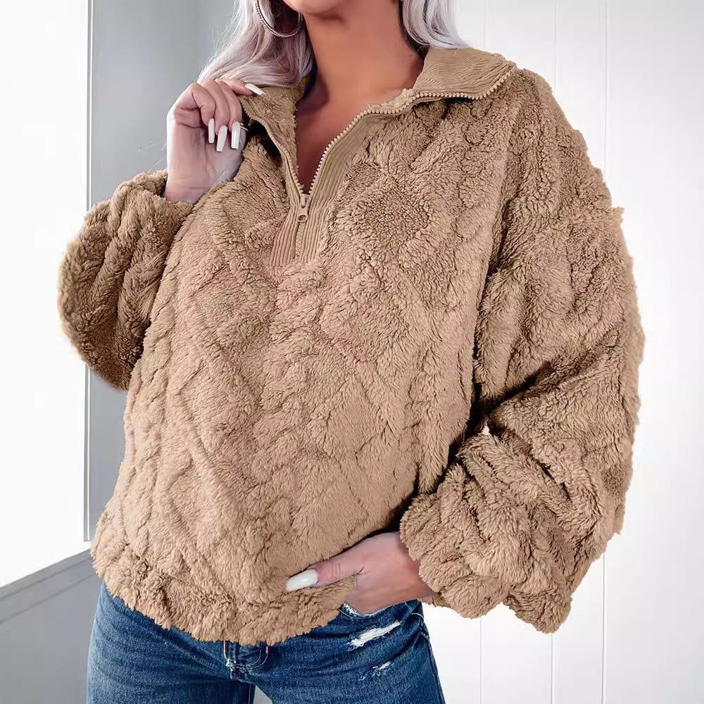 Damen nan Plüsch-Sherpa-Pullover mit halbem Reißverschluss, Stehkragen und oversized Silhouette Shop Nory