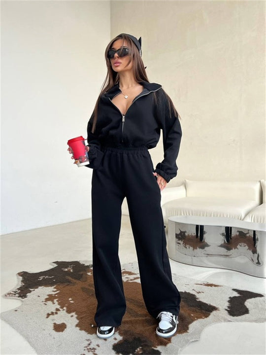 Damen Relaxed-Loungewear-Set mit Halbzip-Stehkragen und hochtaillierter Weitbein-Jogginghose Shop Nory