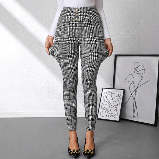 Damen Hochtaillierte Slim-Fit Businesshose mit Glencheck-Muster und Stretch Shop Nory