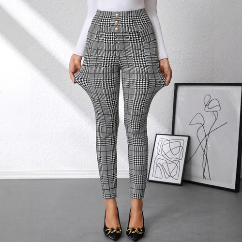 Damen Hochtaillierte Slim-Fit Businesshose mit Glencheck-Muster und Stretch Shop Nory