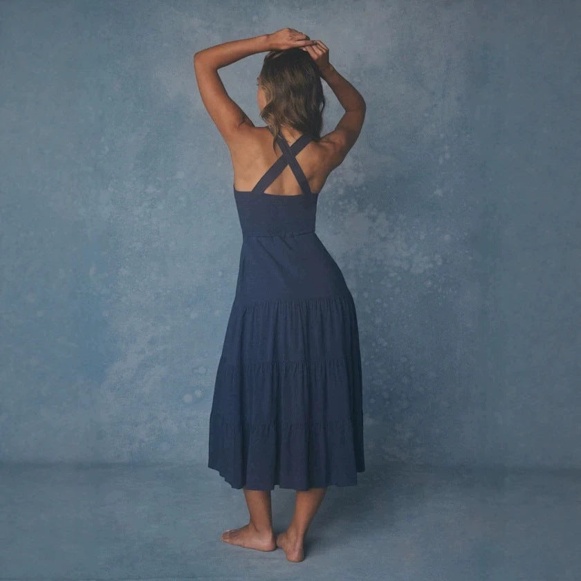 Damen Maxikleid mit nostalgischem Knopfverschluss und verstellbaren Trägern Shopnory