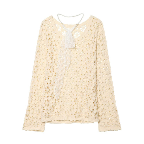 Damen Häkelpullover mit floraler Lochoptik, scallop Saum und zartem Schleifenband Shop Nory